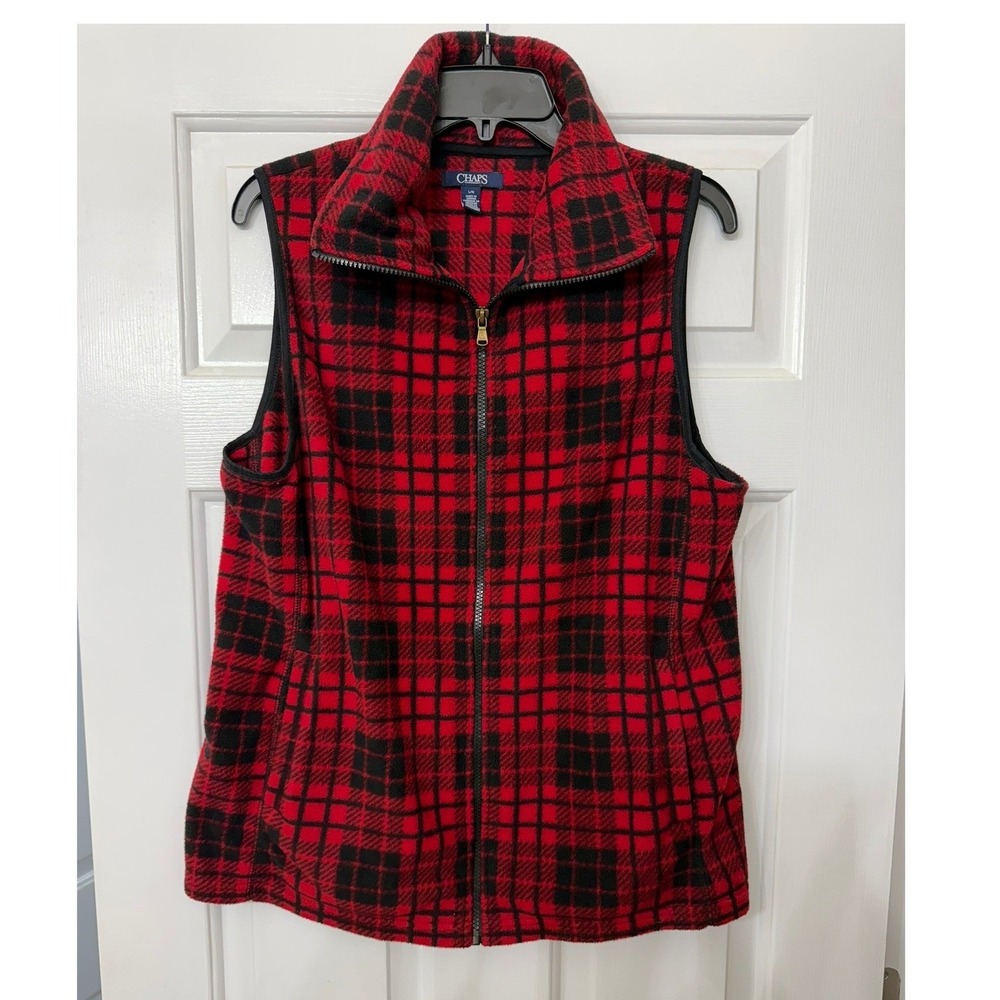 Chaps Womens Red Black Plaid Fleece Full Zip Vest Sleeveless Jacket Large
